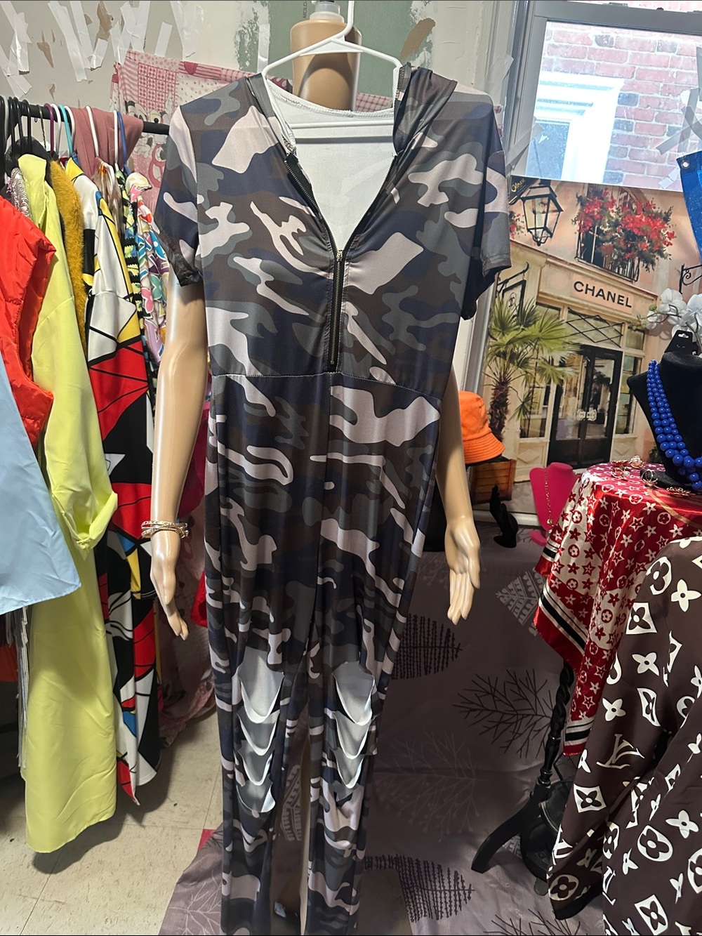 Camo Zip-Front Jumpsuit - Gray Camouflage